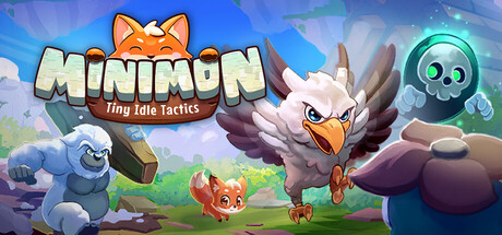 The Minimon: Tiny Idle Tactics logo above four cartoon creatures, a yeti, a fox, a griffin, and a floating ghost, against a green backdrop