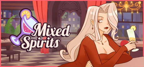 Mixed Spirits: Bartender key art showing a bartender in a red dress holding a cocktail beside the game's logo