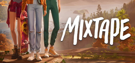 Mixtape key art showing three teenage friends standing together with a skateboard, overlooking an autumn valley