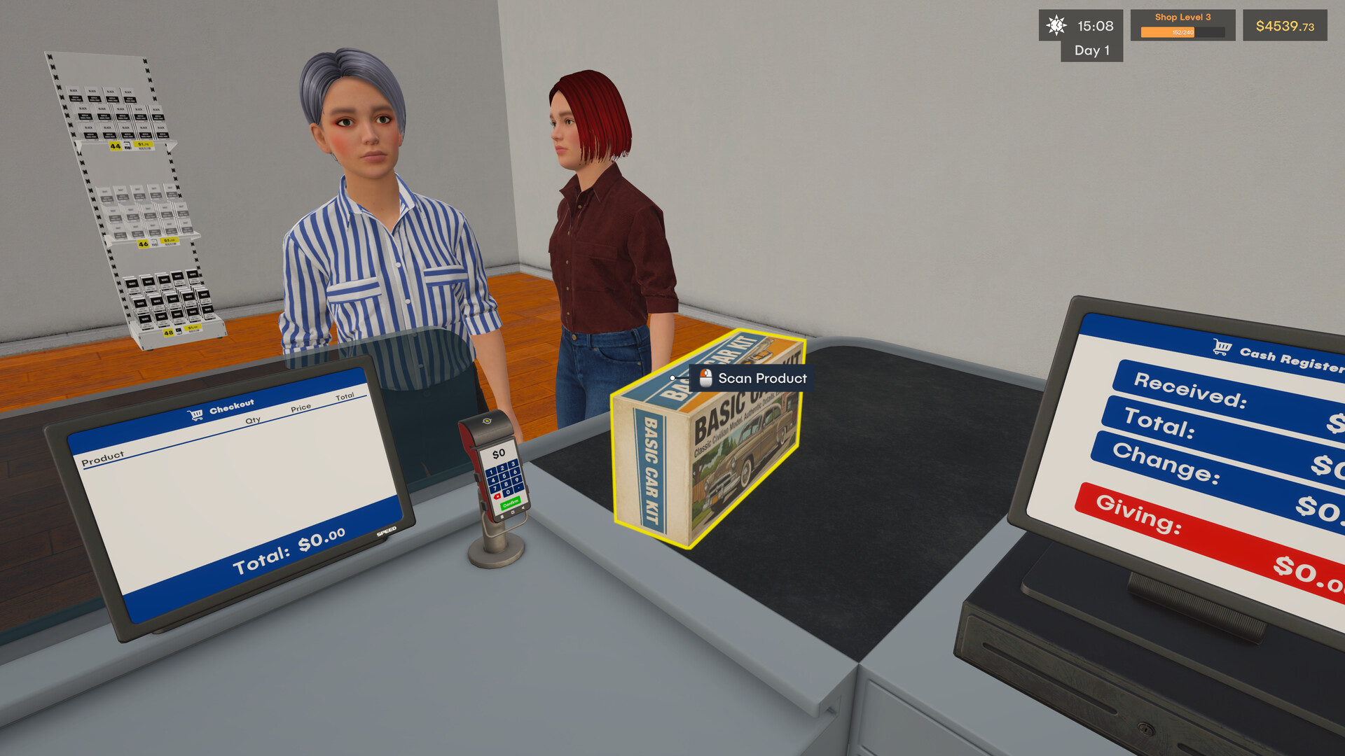 An early-game checkout scene at Shop Level 3 with a customer presenting a Basic Car Kit box to be scanned at the register