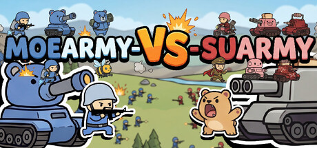 Header art for MoeArmy vs SuArmy showing rows of cartoon soldiers, tanks, and mascot creatures from each faction squaring off across a battlefield beneath the game's title, with a growling bear mascot at the center of the standoff