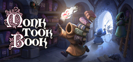 Key art showing a hooded monk sprinting through a library carrying a stack of books and a torch, with a monster in pursuit