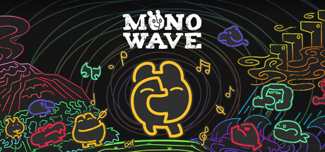 MONOWAVE key art showing two neon outlined spirit characters embracing surrounded by glowing musical notes and small creature silhouettes