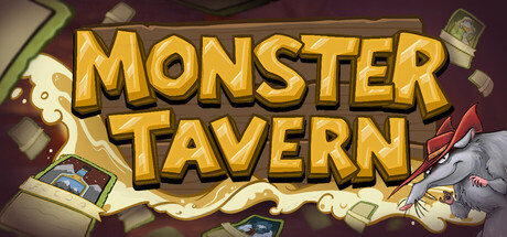 Key art for Monster Tavern, showing the game's logo over scattered cards and a goblin biting an elephant