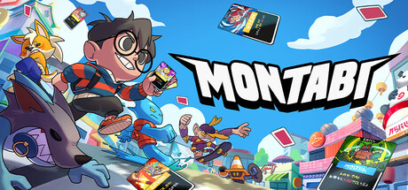 The Montabi logo with the young trainer character leaping through the air, surrounded by cards and creature companions in a colorful city street