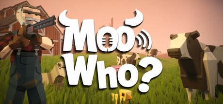 Moo Who? key art showing a shotgun-wielding hunter facing a herd of cartoon cows in a farmyard