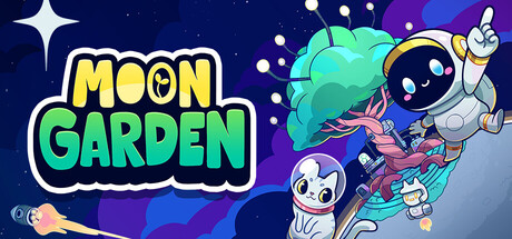 Moon Garden key art, showing a smiling robot astronaut and a cat in a space helmet beside a glowing tree sprouting from a crescent moon