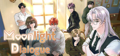 Header art for Moonlight Dialogue showing the short-haired female protagonist in a white shirt standing among several romanceable male characters gathered together indoors, with the game's title in a rounded outlined font in the foreground