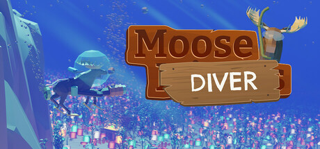 Title art for Moose Diver, showing the diving moose swimming over a coin-strewn seabed