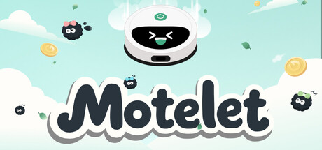 Key art showing a cheerful robot vacuum surrounded by small dust-spirit Motelet and floating coins
