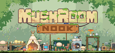 Mushroom Nook logo art with a pixel-art forest scene of a tent, mushrooms, and desktop decorations