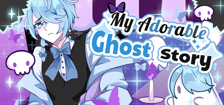 My Adorable Ghost Story key art showing a pale blue-haired ghost boy in a black coat and bow tie beside a small floating ghost sprite and a lit candle