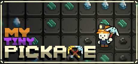 My Tiny Pickaxe pixel-art logo beside a grid of mineral-laden mine tiles and a miner character holding a pickaxe