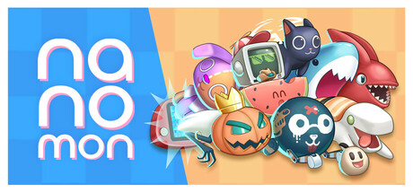 Nanomon Virtual Pet logo beside a cluster of cute cartoon monster designs including a cat, a shark and a pumpkin ghost