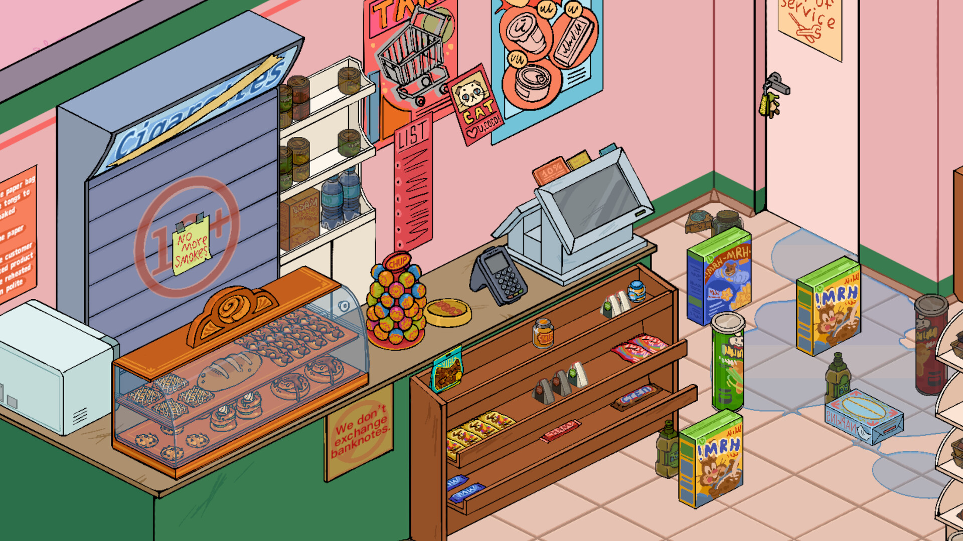 A cluttered convenience store counter with snacks, drinks, a cash register, and a no-smoking sign scattered across the floor and shelves