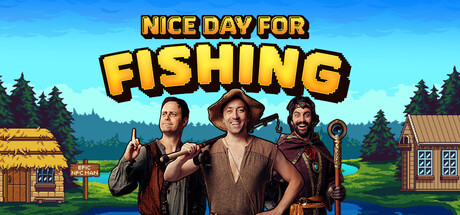 Key art for Nice Day for Fishing, showing three pixel-art Epic NPC Man characters including Baelin the fisherman