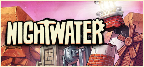 The Nightwater logo beneath a lit lighthouse atop a rocky cliff, with broken machine parts and a pink starlit sky