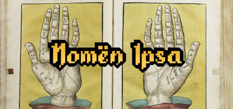 A medieval palmistry illustration of two open hands beneath the pixel-art Nomën Ipsa logo