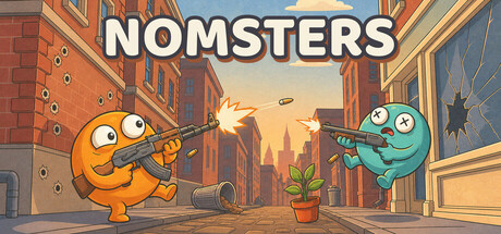 Cover art for NOMSTERS showing an orange and a teal round, googly-eyed monster firing guns at each other down a narrow city street beneath the game's logo