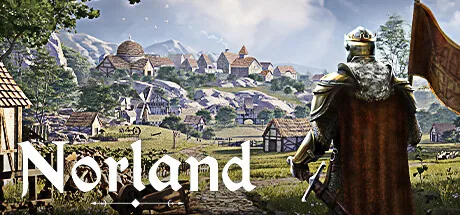 Norland key art showing an armoured knight overlooking a sprawling medieval village of thatched-roof houses and farmland in a green valley
