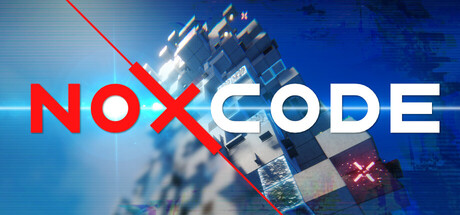 Noxcode logo split diagonally by a red line, over a blurred voxel tower rising against a blue sky