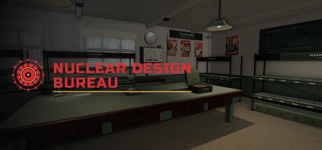 Nuclear Design Bureau key art showing a dim Soviet-style engineering workshop with a wooden workbench, shelving, and wall posters