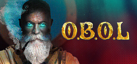 O.B.O.L key art showing a grizzled, pipe-smoking old man with glowing blue eyes beside the game's gold-lettered logo