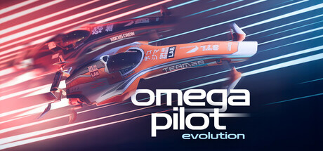 Omega Pilot Evolution key art showing an anti-gravity racing ship streaking past rivals with red motion-blur speed lines and the game's logo
