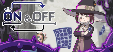Cover art for ON&OFF showing a witch-hatted character with cards and scrolls beside the game's logo and stylized ON/OFF toggle arrows