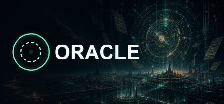 ORACLE: Humanity, Automated key art showing a glowing data-network sphere hovering above a futuristic sci-fi cityscape at night