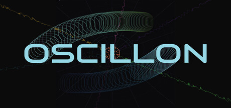 Header art for Oscillon showing the game's bold blue logo lettering centered against a dark radar-grid background, with two curved, coiled spring-shaped trails sweeping above and below the title
