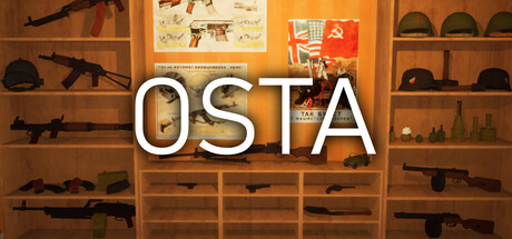 The Osta logo overlaid on a wooden display room lined with shelves of rifles, helmets, and militaria posters
