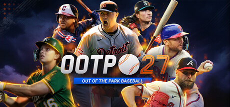 Out of the Park Baseball 27 key art with MLB stars surrounding the OOTP 27 logo