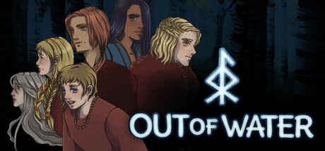 Key art showing the hand-drawn cast of Out of Water lined up against a misty birch forest beside the game's rune logo
