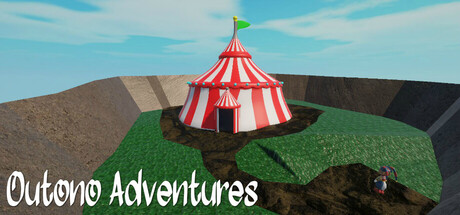 A striped circus tent atop a grassy mound with the jester protagonist standing far below, beside the Outono Adventures logo