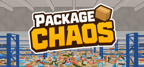 The Package Chaos logo over a warehouse floor scattered with hundreds of packages