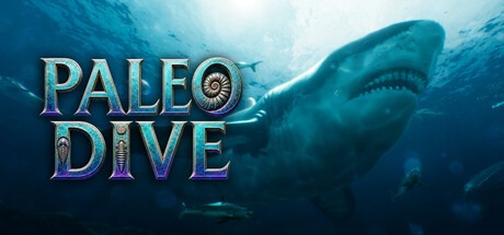 A massive prehistoric shark looms over the VR diver's outstretched hands in the Paleo Dive title art