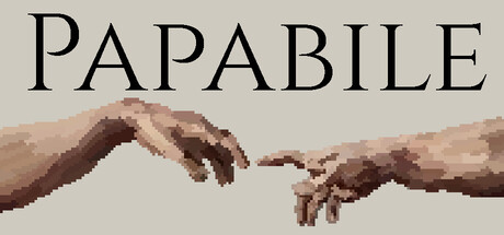 Papabile title art showing two outstretched hands in a Michelangelo-style pixel-art homage