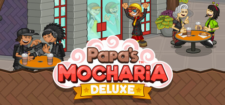 Papa's Mocharia Deluxe title screen showing customers seated outside the coffee shop