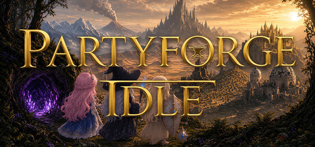 The Partyforge Idle logo over an illustrated party of adventurers overlooking a sprawling fantasy city at sunset