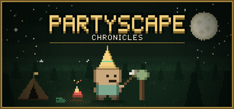 Pixel-art key art of a PartyScape Chronicles character roasting a marshmallow over a campfire beside a tent under a night sky
