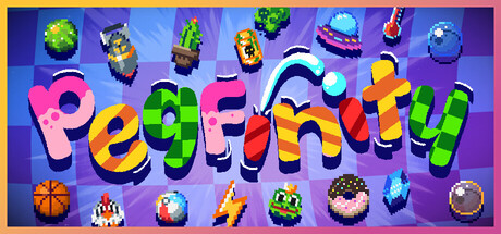 Pegfinity key art: the game's colorful bubble-letter logo surrounded by a ring of collectible ball and peg icons
