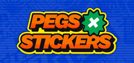 The bold orange and green 'Pegs X Stickers' logo, its X rendered as a green sticker-like starburst, over a blue striped background