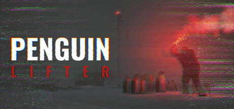 Penguin Lifter key art showing a figure in a red parka signalling with a flare beside a huddle of penguins in a snowstorm