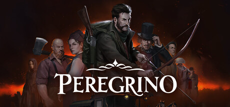Peregrino key art showing a group of armed pilgrims, including an axe-wielding man, a woman, and an archer, silhouetted against a fiery red sky
