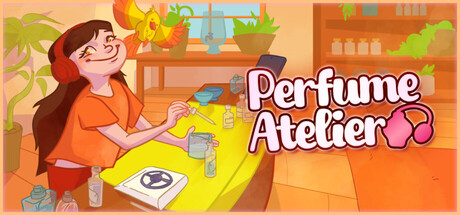 A shopkeeper mixes a perfume at her workbench beside a perched bird, with the Perfume Atelier logo overhead