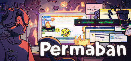 A frazzled moderator sits beside a glowing CRT monitor engulfed in flame icons and chat windows, next to the Permaban logo