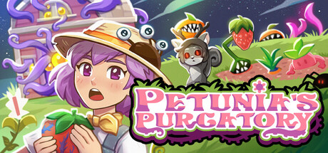 Header art for Petunia's Purgatory showing a startled purple-haired farmer in a straw hat surrounded by eyeball crops, a grinning creature, and tentacles, next to the game's logo