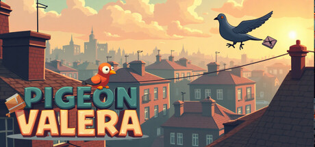 Key art showing Valera the pigeon carrying an envelope in flight over a sunset city skyline