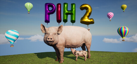 Pih 2 key art of an adult pig and piglet standing beneath balloon letters spelling PIH 2, with hot air balloons floating in the sky behind them